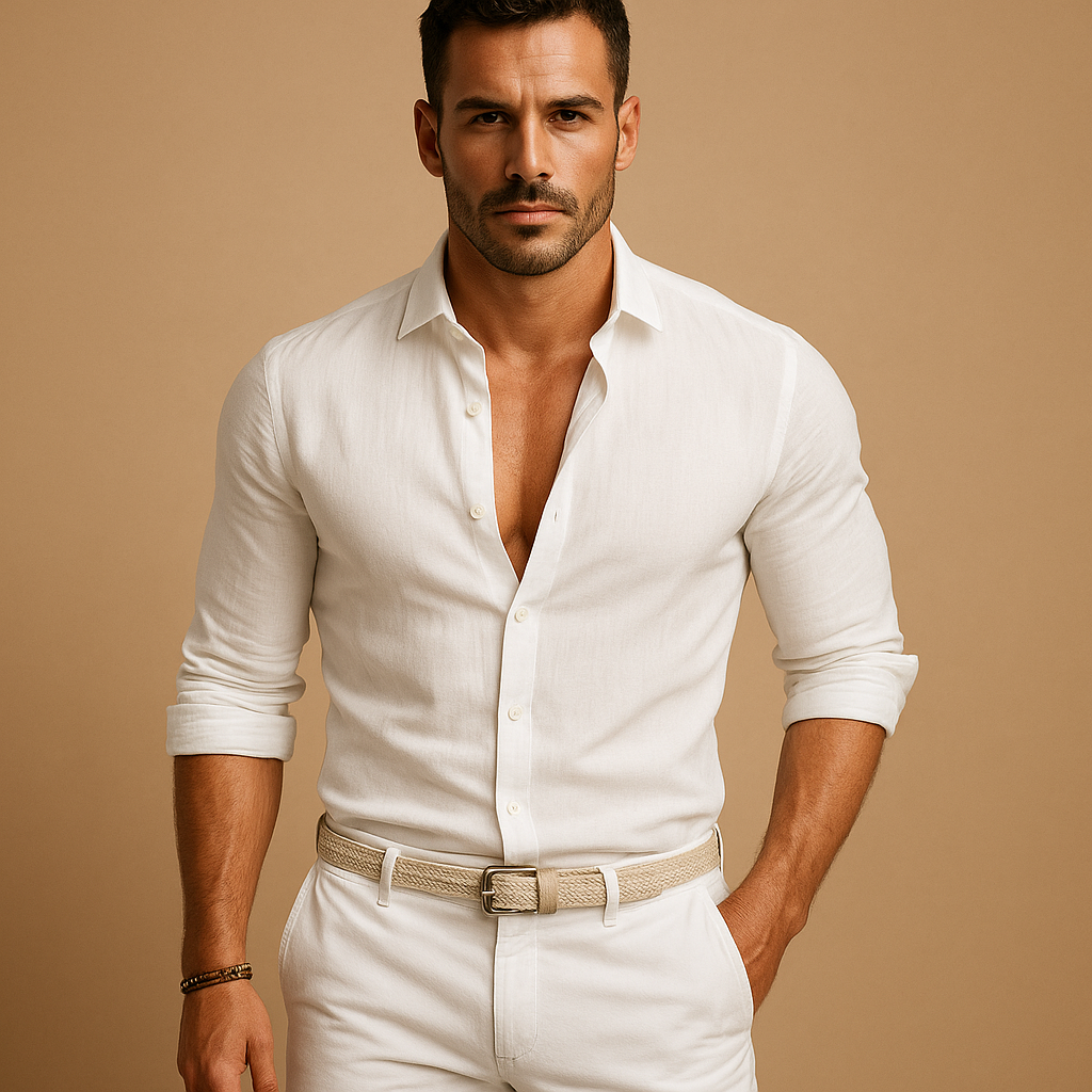 Men’s lightweight button-down shirt with classic collar and cuffs, breathable fabric, and versatile design for work, leisure, and summer wear.