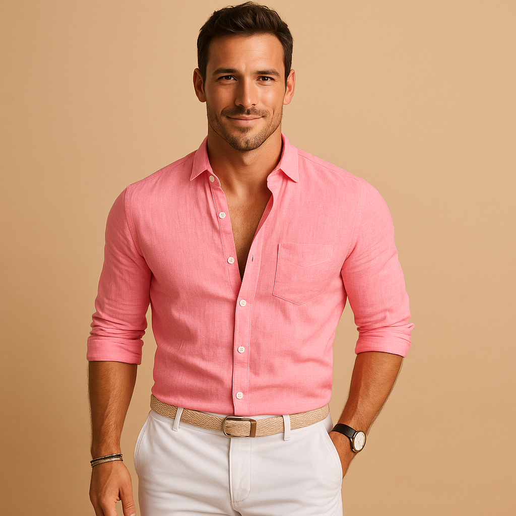 Men’s lightweight button-down shirt with classic collar and cuffs, breathable fabric, and versatile design for work, leisure, and summer wear.