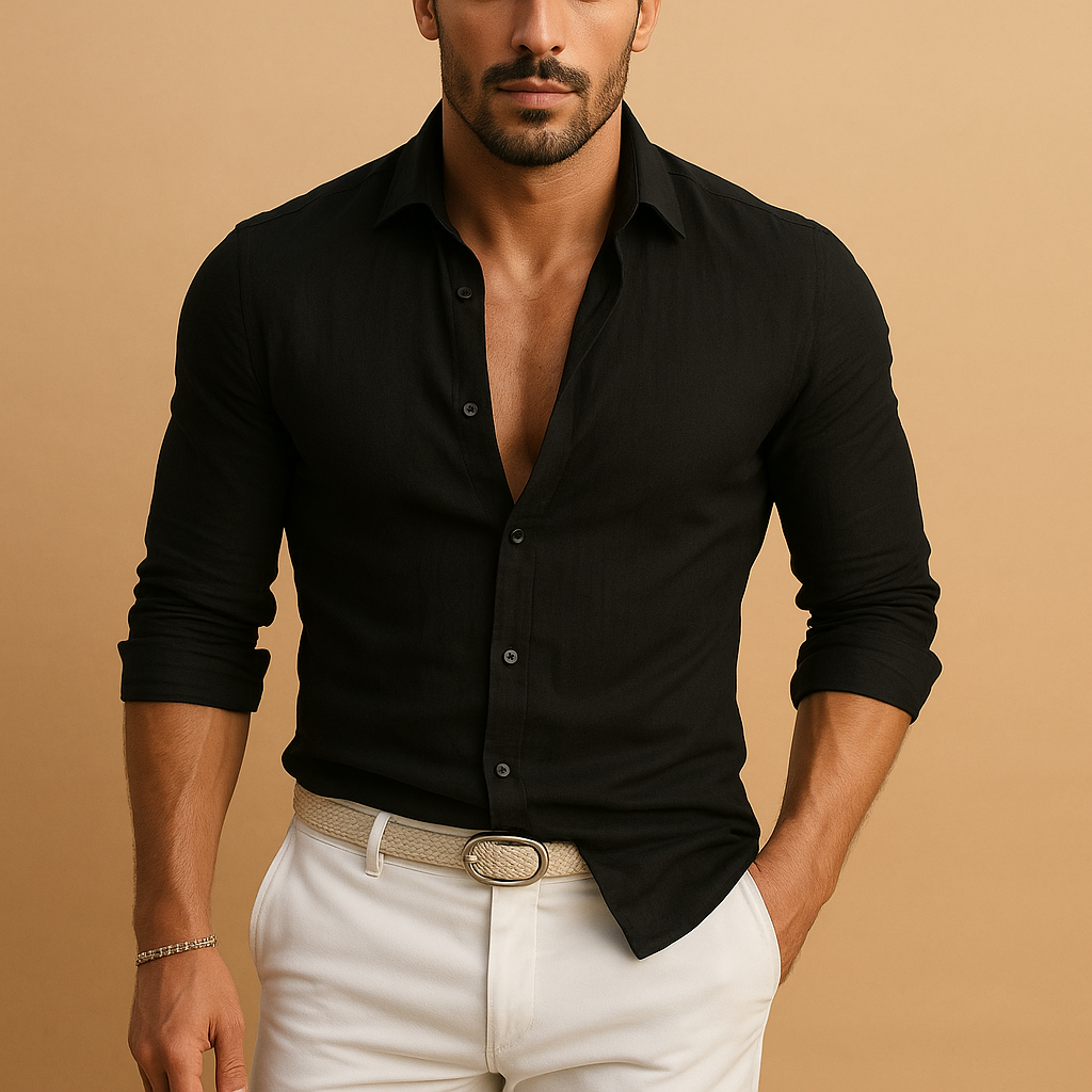 Men’s lightweight button-down shirt with classic collar and cuffs, breathable fabric, and versatile design for work, leisure, and summer wear.