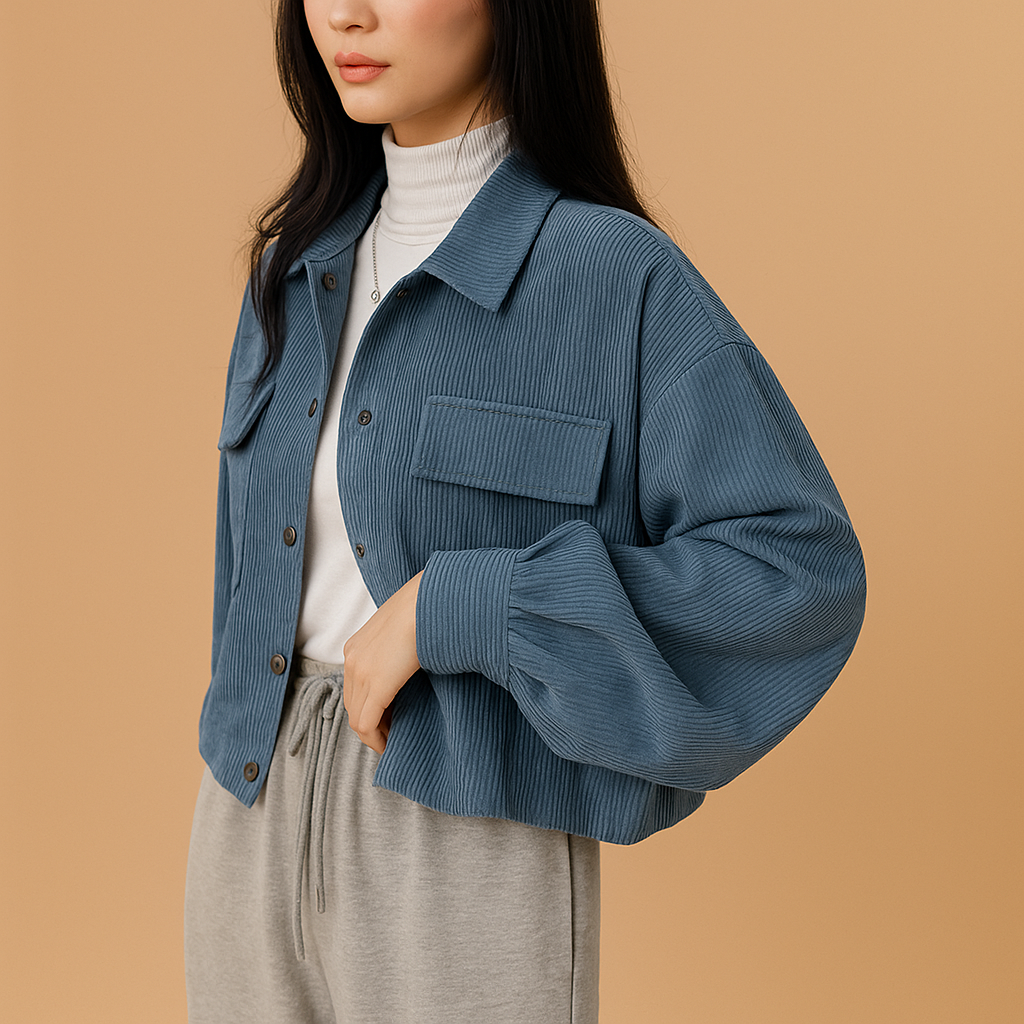 Lightweight corduroy summer jacket for women with breathable fabric and timeless design, available in seasonal colors, perfect for casual or chic summer wear.