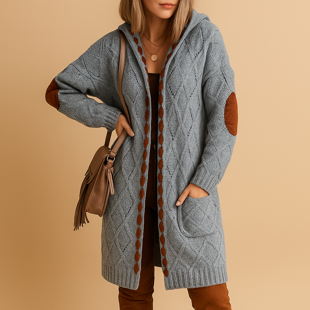 Women’s lightweight knitted cardigan with hood in neutral tones, designed with long sleeves and breathable fabric for casual or semi-formal outfits.