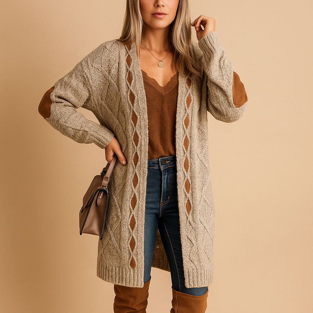 Women’s lightweight knitted cardigan with hood in neutral tones, designed with long sleeves and breathable fabric for casual or semi-formal outfits.