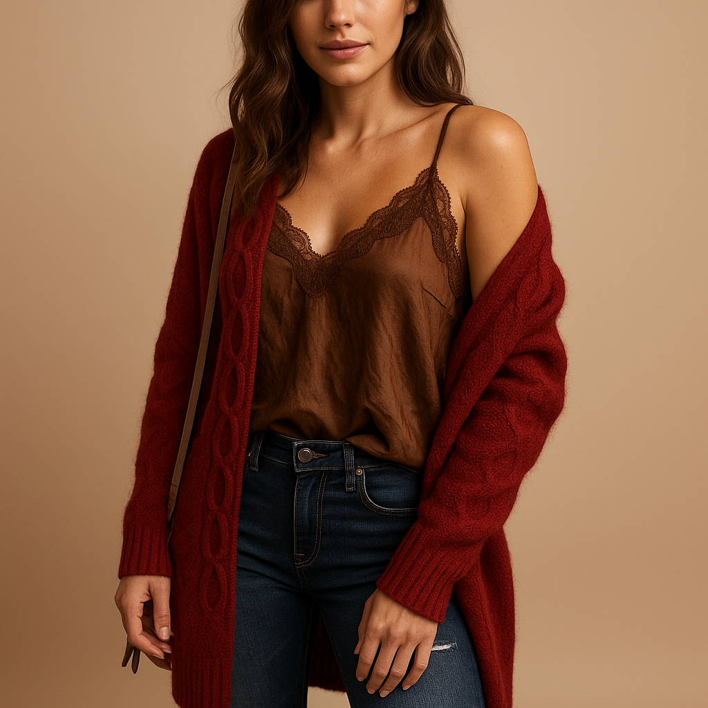 Women’s lightweight knitted cardigan with hood in neutral tones, designed with long sleeves and breathable fabric for casual or semi-formal outfits.