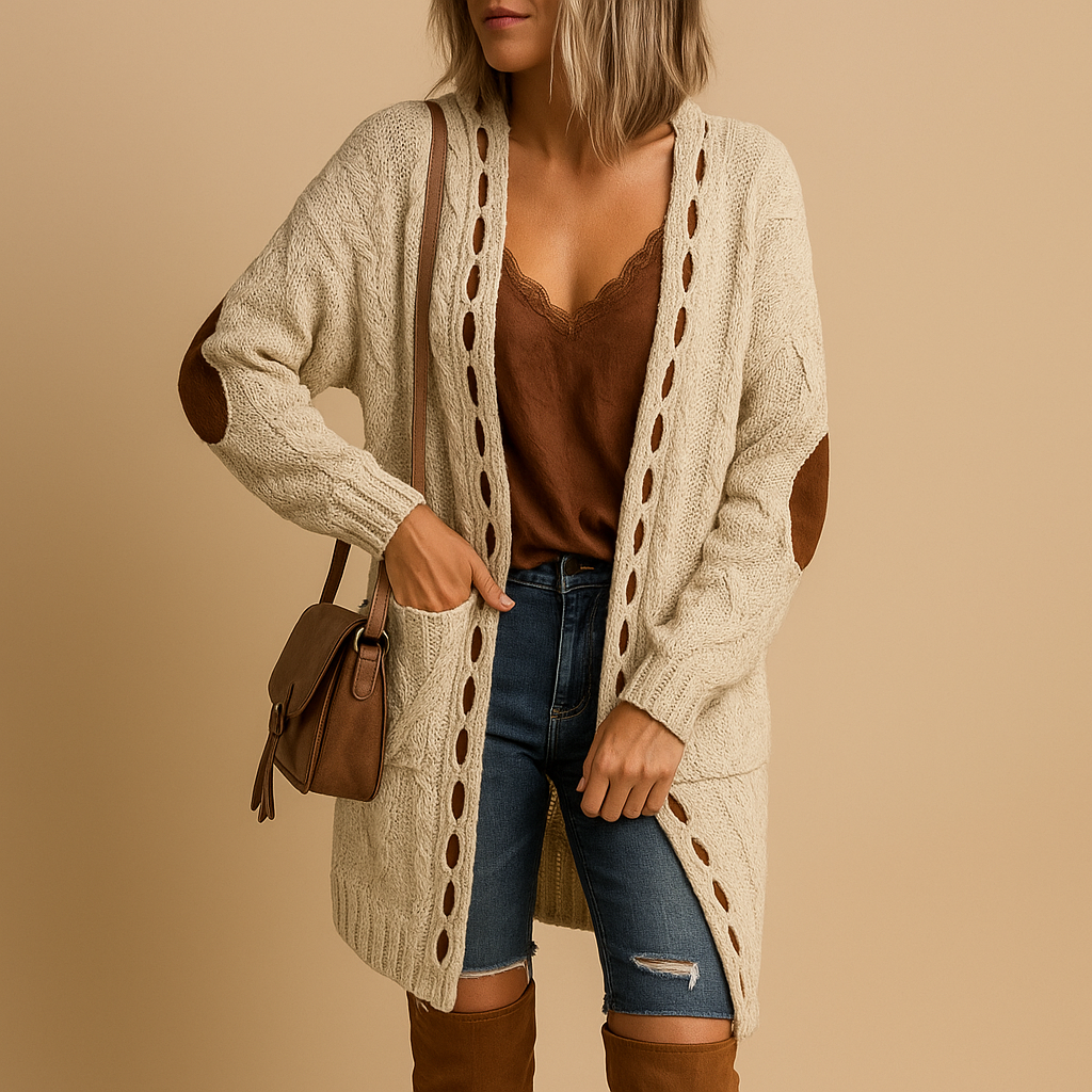 Women’s lightweight knitted cardigan with hood in neutral tones, designed with long sleeves and breathable fabric for casual or semi-formal outfits.