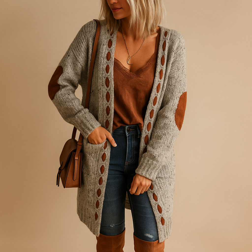 Women’s lightweight knitted cardigan with hood in neutral tones, designed with long sleeves and breathable fabric for casual or semi-formal outfits.