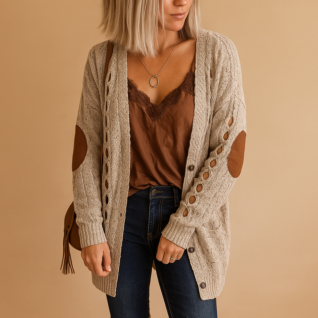 Women’s lightweight knitted cardigan with hood in neutral tones, designed with long sleeves and breathable fabric for casual or semi-formal outfits.