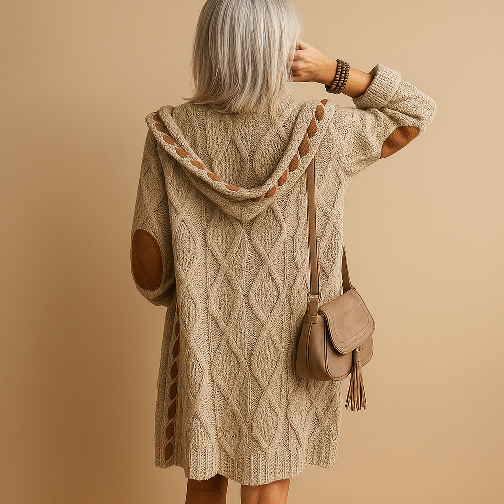 Women’s lightweight knitted cardigan with hood in neutral tones, designed with long sleeves and breathable fabric for casual or semi-formal outfits.