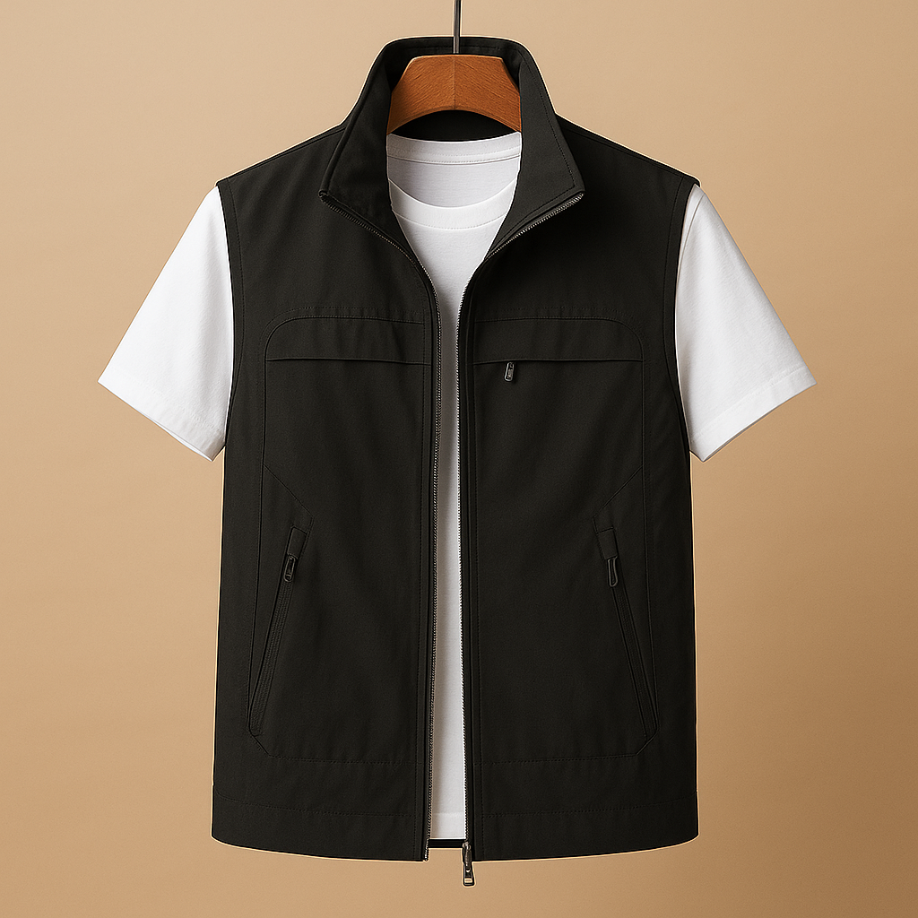 Men’s lightweight outdoor cardigan with breathable mesh design, short sleeves, and functional pockets, perfect for hiking, fishing, and camping.