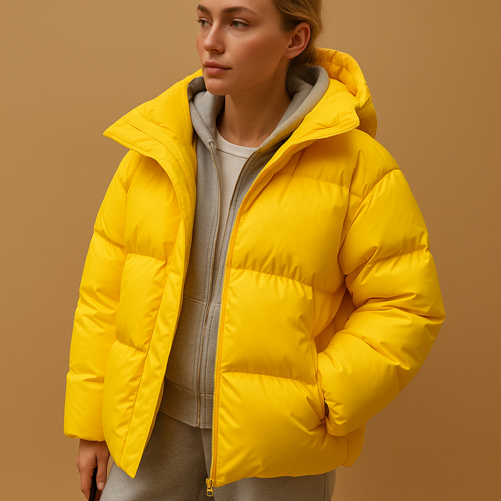 Women’s lightweight padded hooded jacket in wine red, light grey, green, black, or yellow with flattering fit, water-repellent fabric, and zip closure.