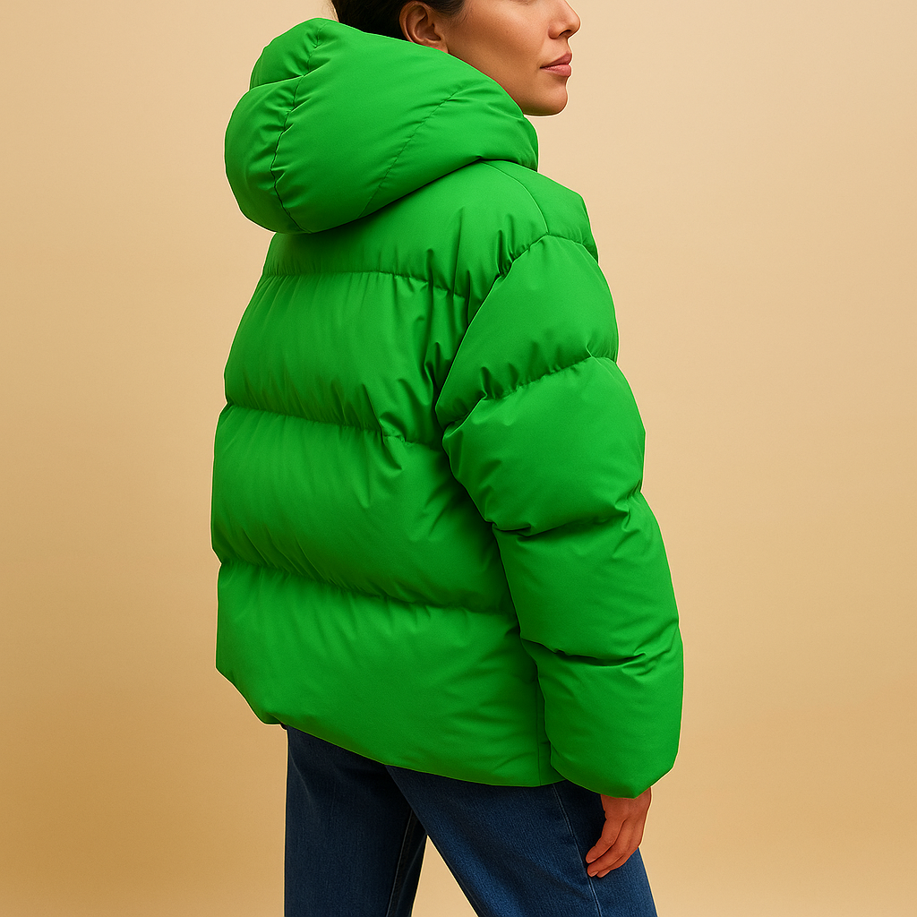 Women’s lightweight padded hooded jacket in wine red, light grey, green, black, or yellow with flattering fit, water-repellent fabric, and zip closure.
