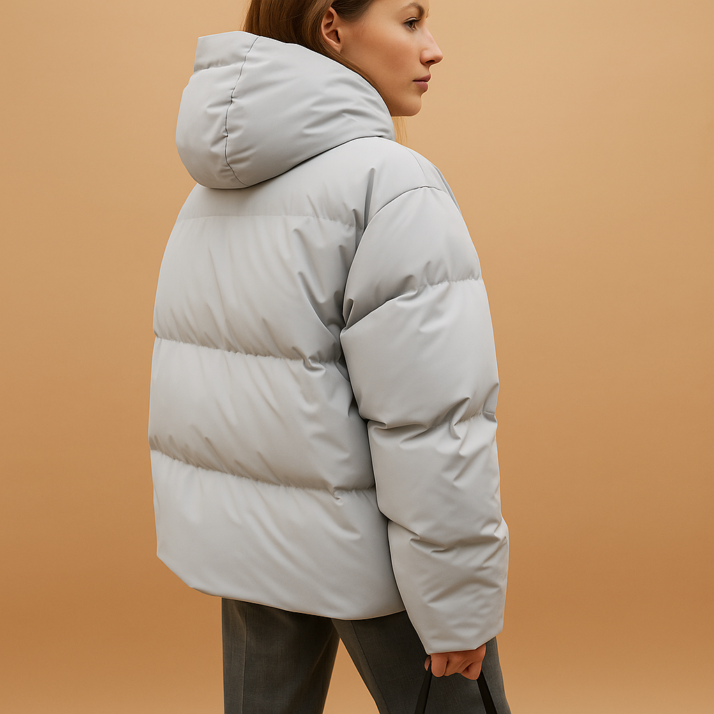Women’s lightweight padded hooded jacket in wine red, light grey, green, black, or yellow with flattering fit, water-repellent fabric, and zip closure.