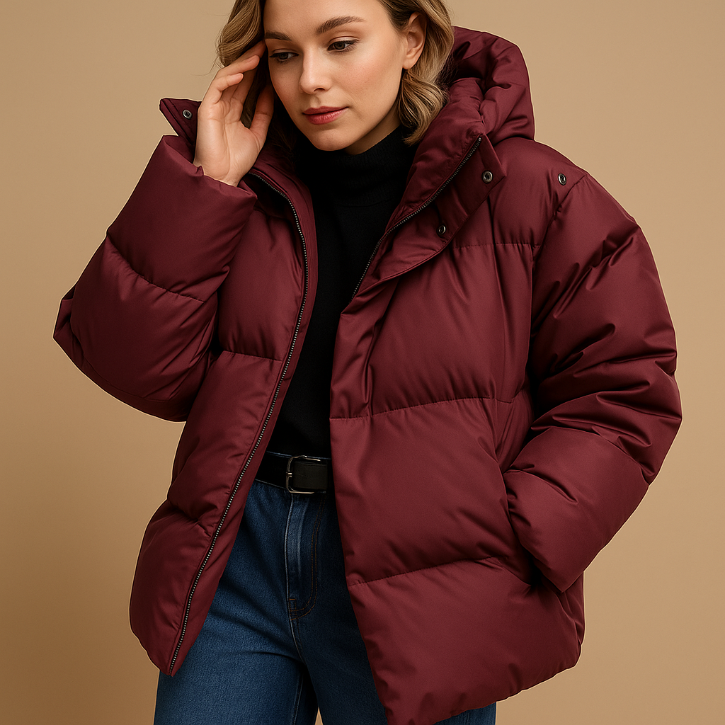 Women’s lightweight padded hooded jacket in wine red, light grey, green, black, or yellow with flattering fit, water-repellent fabric, and zip closure.