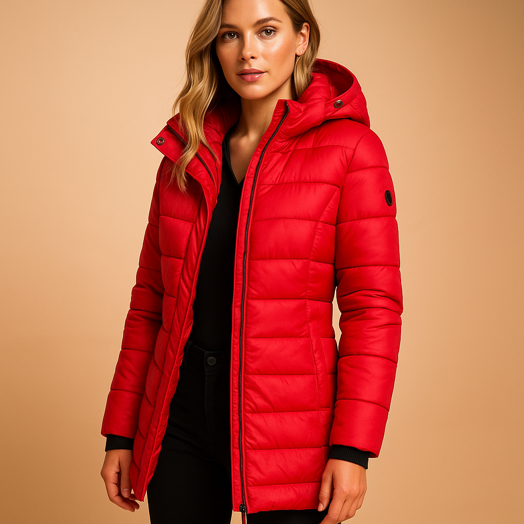 Lightweight padded puffer jacket for women with sustainable natural filling, quilted design, and vibrant colors. Perfect for work, leisure, and city strolls.