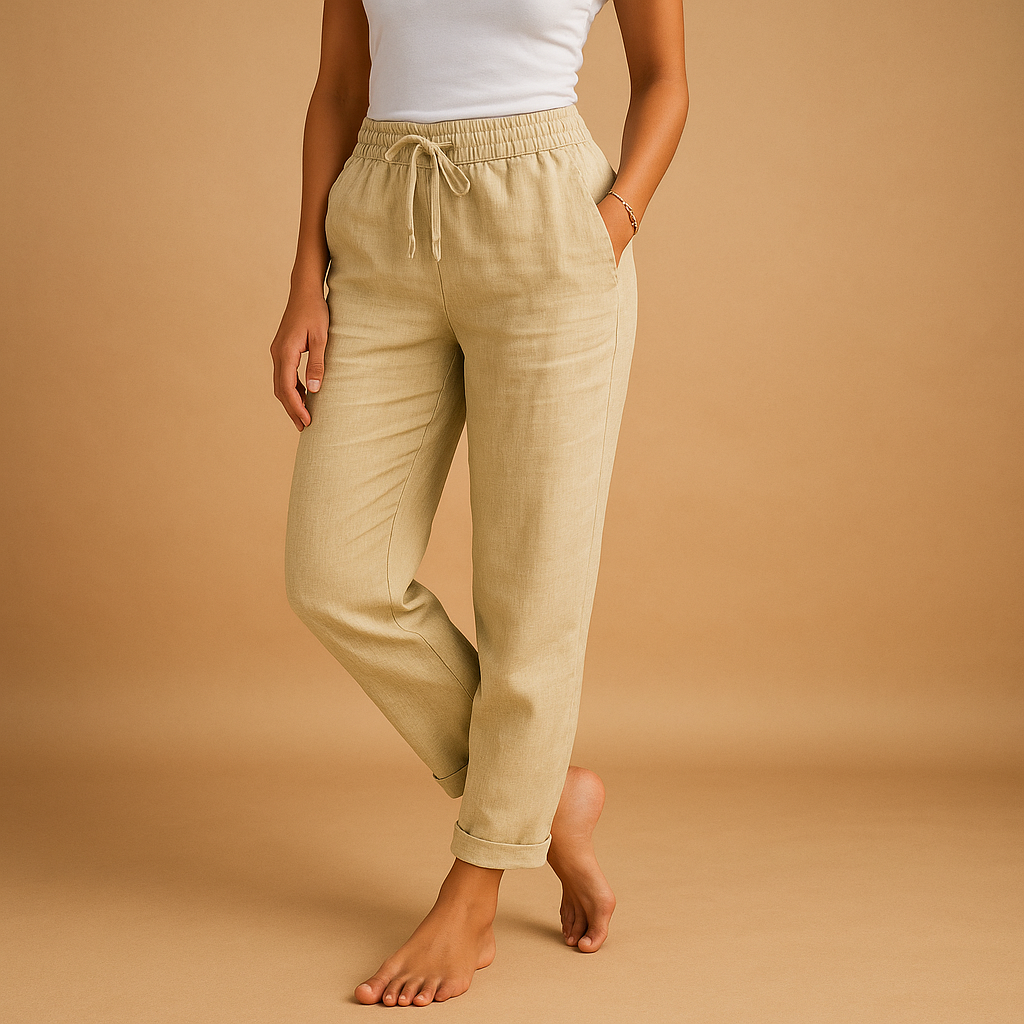 Lightweight pants for women with elastic waistband and flowing fabric, designed with a feminine cut, perfect for casual or formal outfits.
