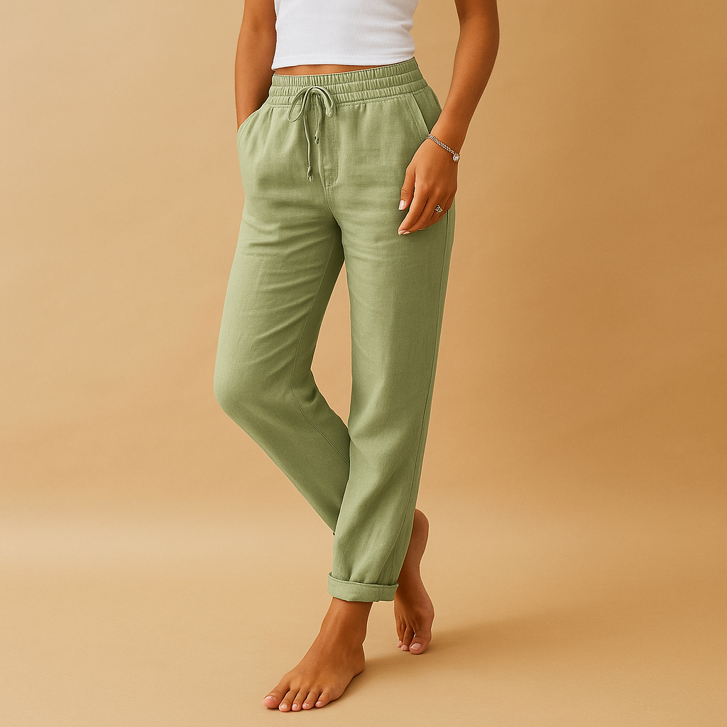 Lightweight pants for women with elastic waistband and flowing fabric, designed with a feminine cut, perfect for casual or formal outfits.
