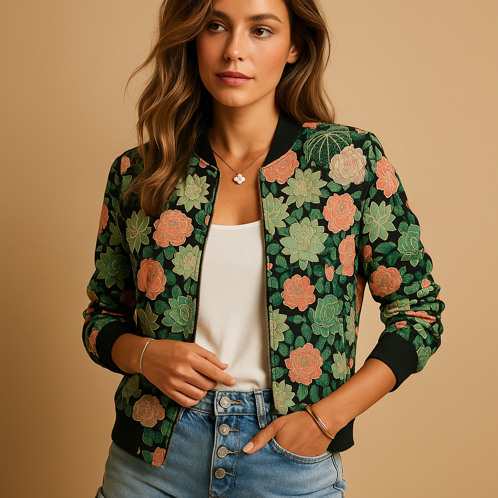 Lightweight printed summer jacket for women with breathable fabric, relaxed fit, and button closure, available in green floral, white, grey, black, and green succulent.
