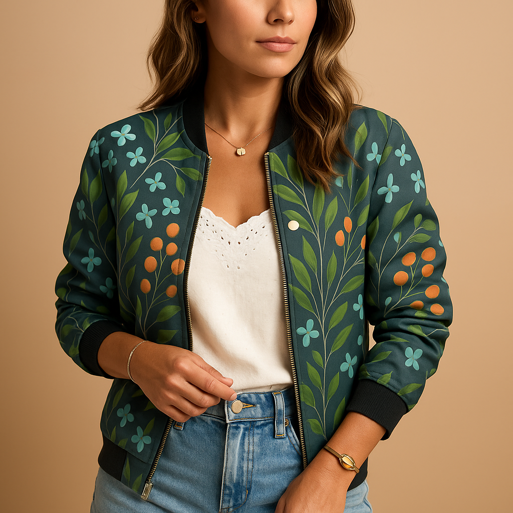 Lightweight printed summer jacket for women with breathable fabric, relaxed fit, and button closure, available in green floral, white, grey, black, and green succulent.