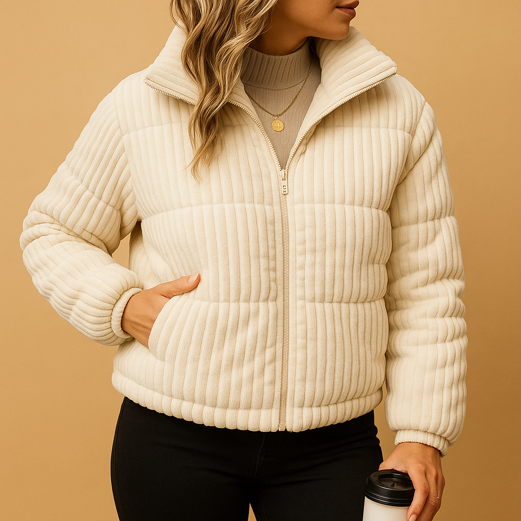 Women’s lightweight puffer jacket with insulated filling, water-repellent outer layer, high collar, and tailored cut for a stylish winter look.