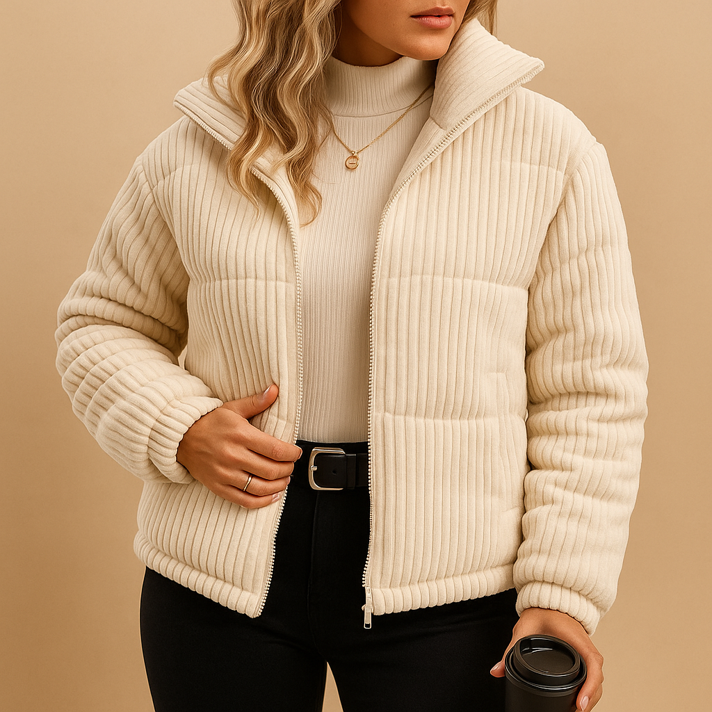 Women’s lightweight puffer jacket with insulated filling, water-repellent outer layer, high collar, and tailored cut for a stylish winter look.