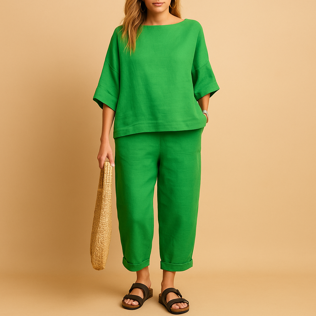 Lightweight shirt and ankle-length pants set for women in airy fabric, perfect for summer comfort and stylish everyday wear.