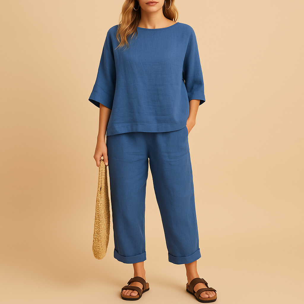 Lightweight shirt and ankle-length pants set for women in airy fabric, perfect for summer comfort and stylish everyday wear.
