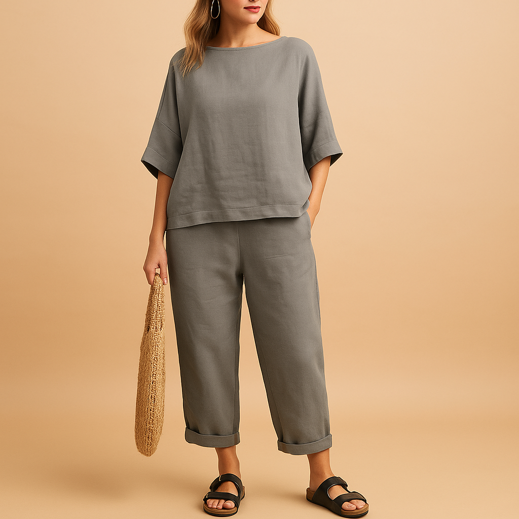 Lightweight shirt and ankle-length pants set for women in airy fabric, perfect for summer comfort and stylish everyday wear.