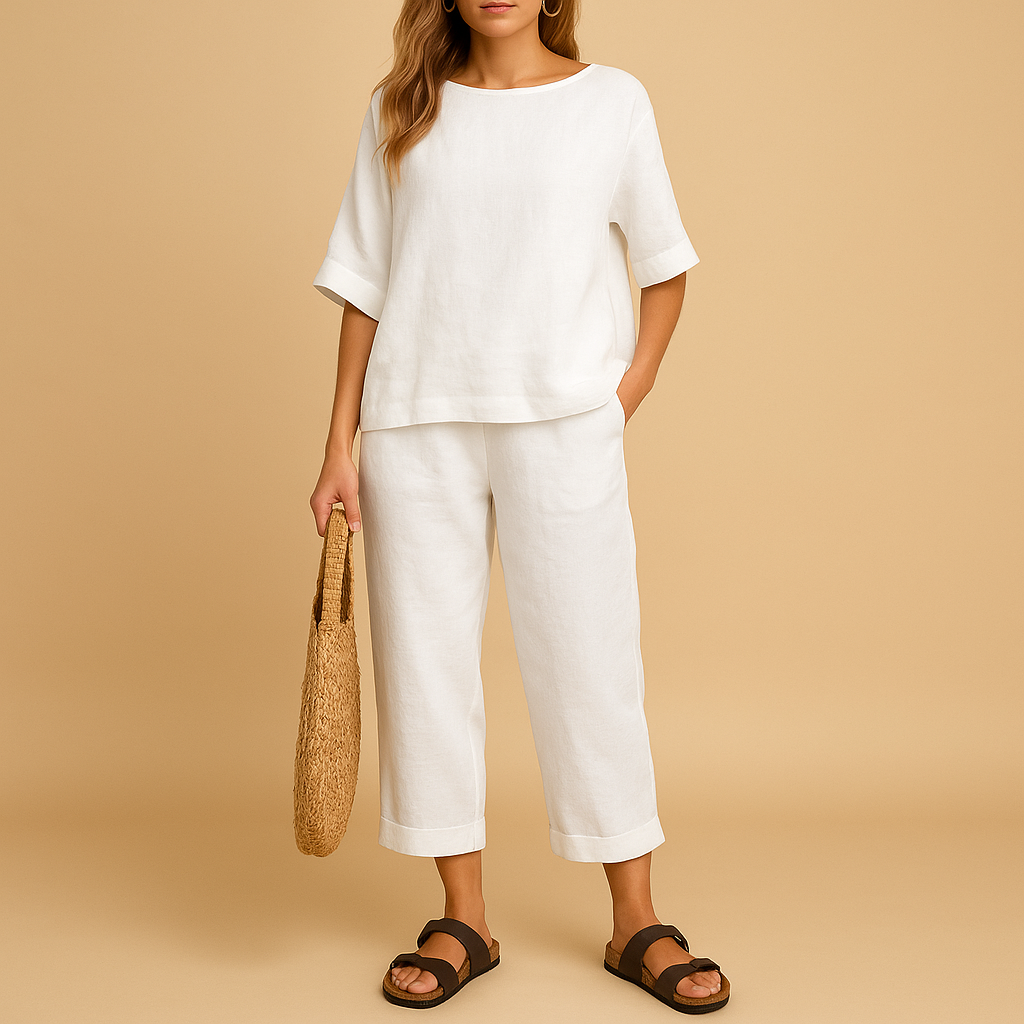 Lightweight shirt and ankle-length pants set for women in airy fabric, perfect for summer comfort and stylish everyday wear.