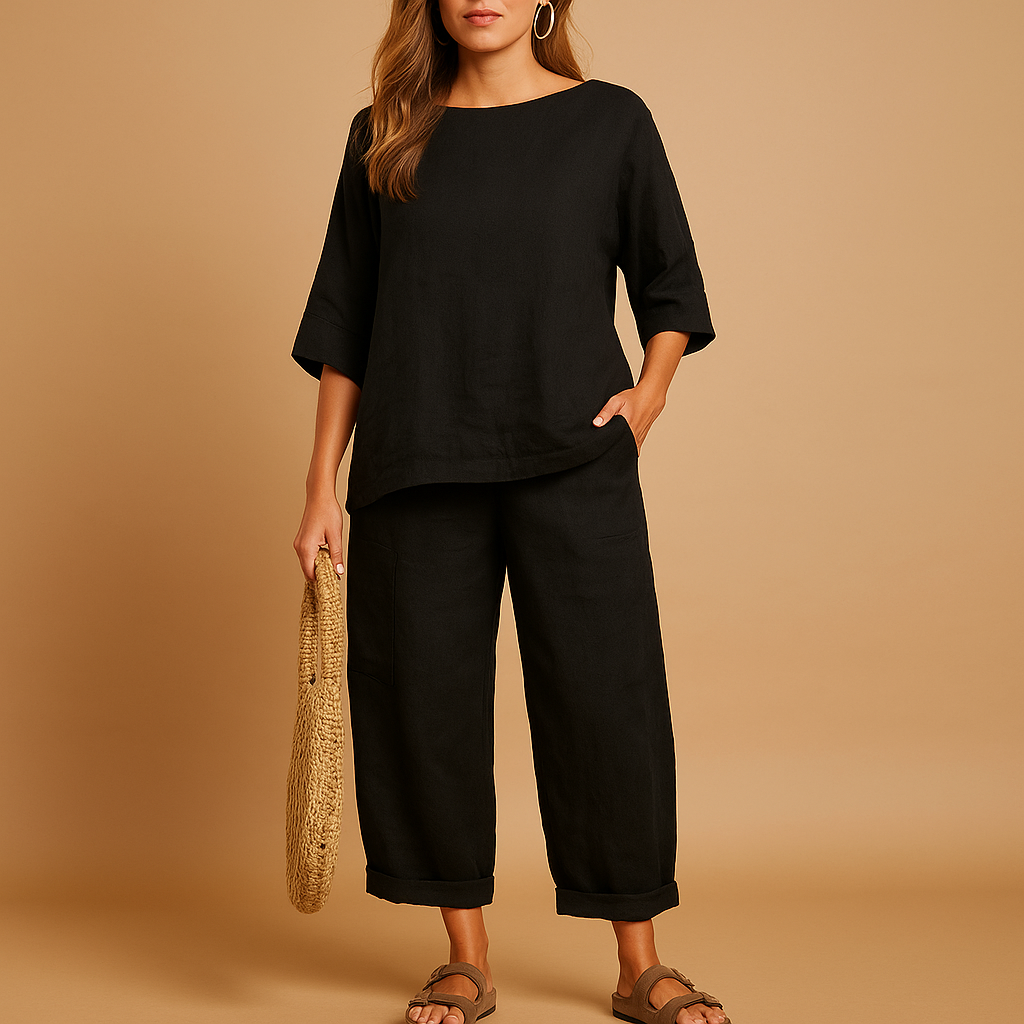 Lightweight shirt and ankle-length pants set for women in airy fabric, perfect for summer comfort and stylish everyday wear.