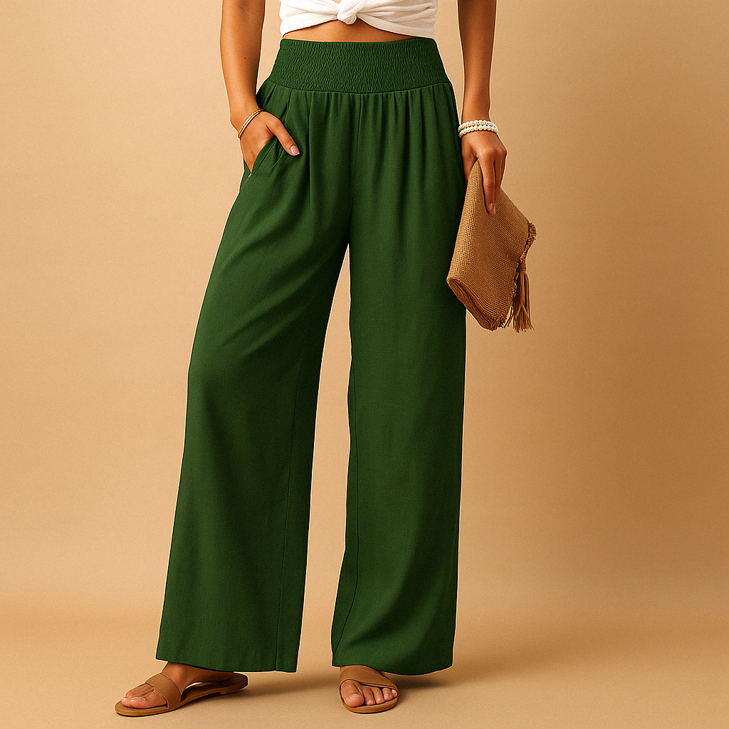 Lightweight summer pants for women with elastic waistband and loose straight-leg design, available in multiple colors, perfect for warm days or casual wear.