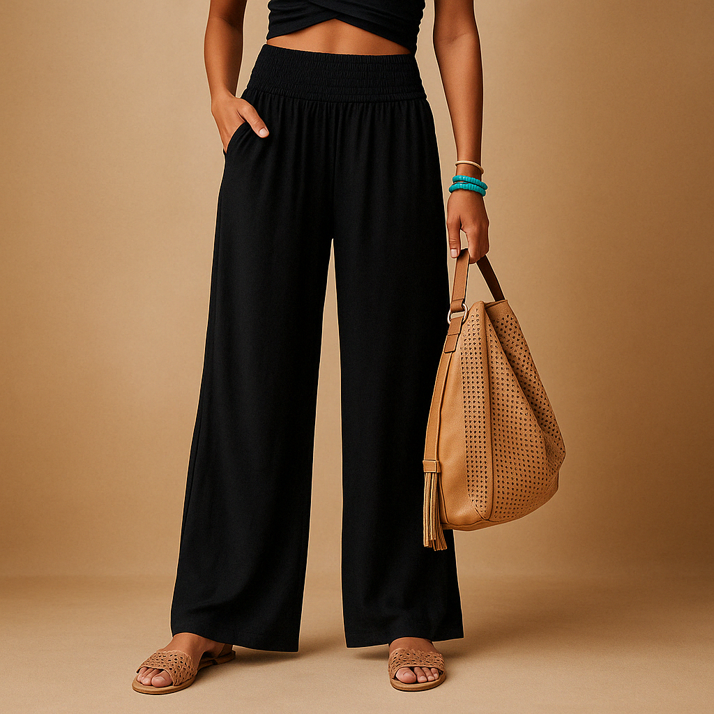 Lightweight summer pants for women with elastic waistband and loose straight-leg design, available in multiple colors, perfect for warm days or casual wear.
