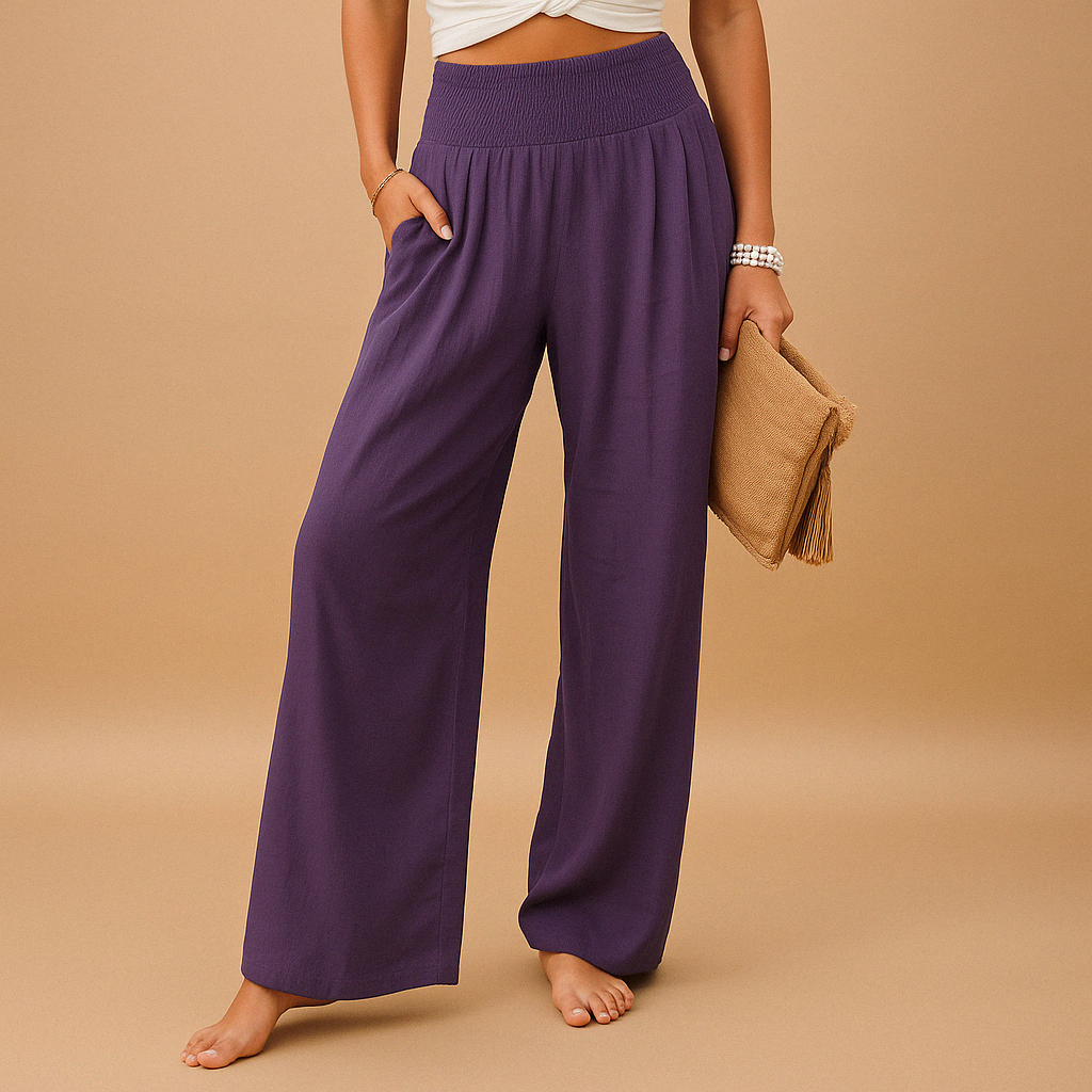 Lightweight summer pants for women with elastic waistband and loose straight-leg design, available in multiple colors, perfect for warm days or casual wear.
