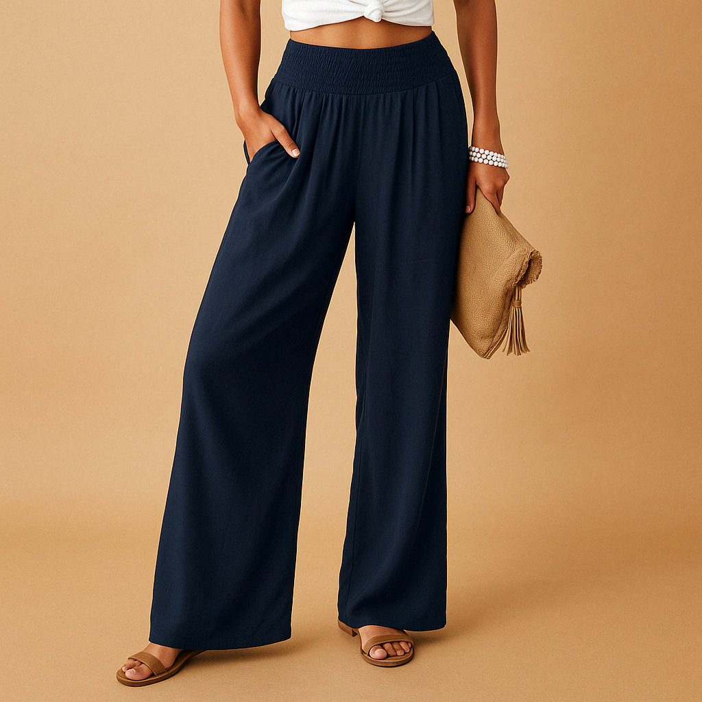 Lightweight summer pants for women with elastic waistband and loose straight-leg design, available in multiple colors, perfect for warm days or casual wear.