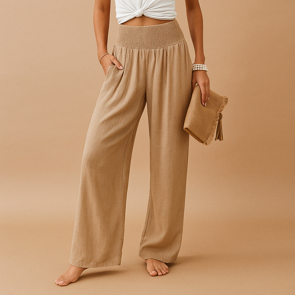 Lightweight summer pants for women with elastic waistband and loose straight-leg design, available in multiple colors, perfect for warm days or casual wear.