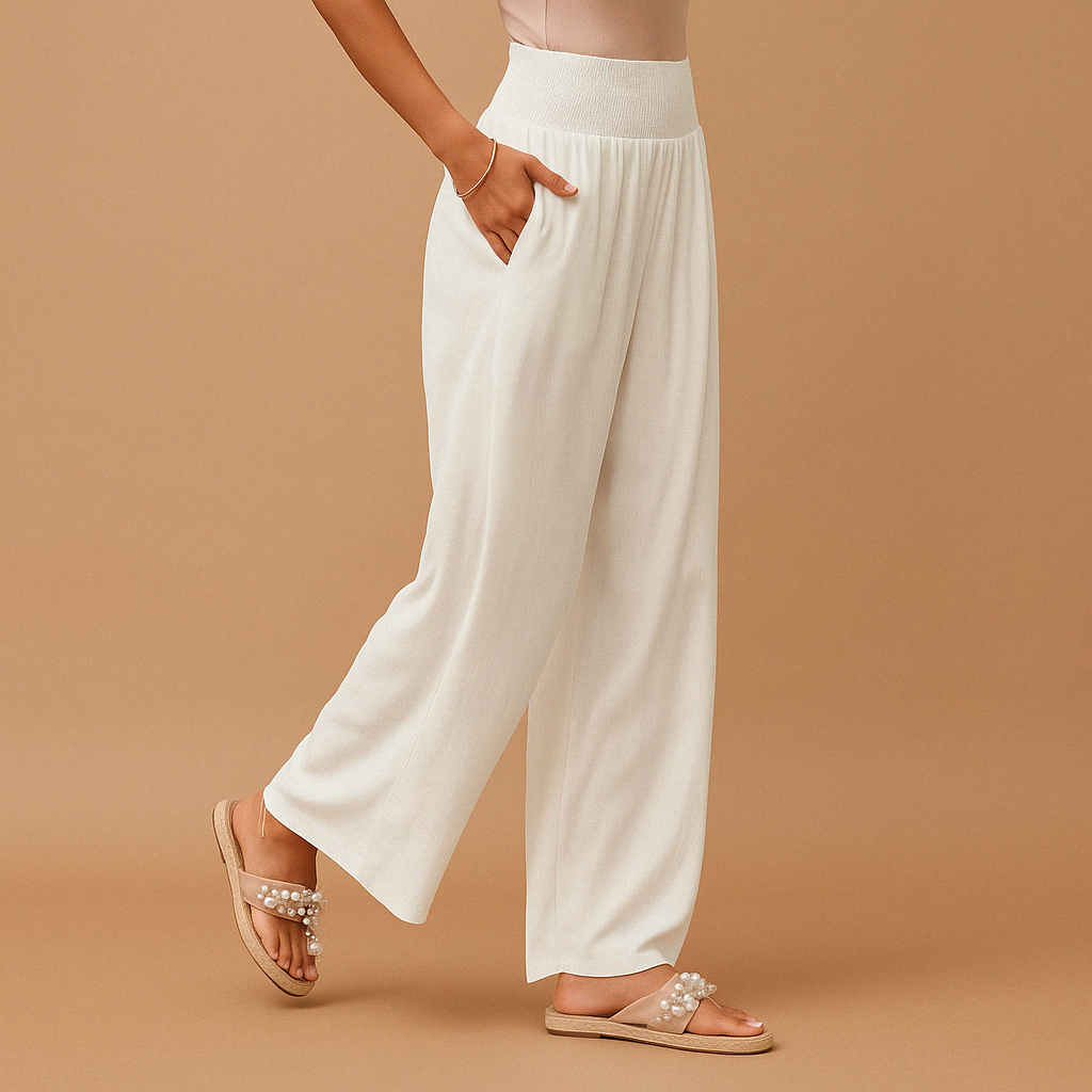 Lightweight summer pants for women with elastic waistband and loose straight-leg design, available in multiple colors, perfect for warm days or casual wear.