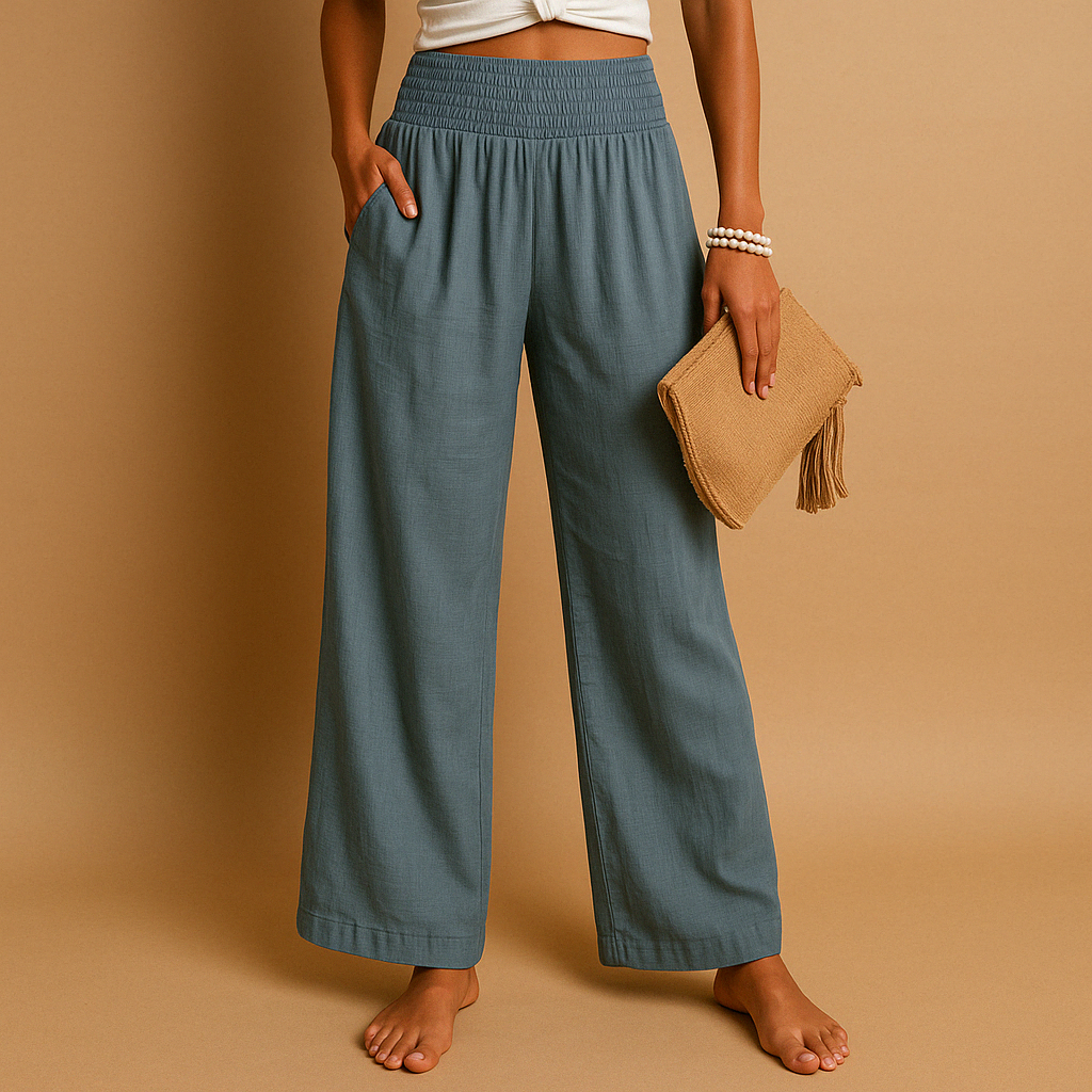 Lightweight summer pants for women with elastic waistband and loose straight-leg design, available in multiple colors, perfect for warm days or casual wear.