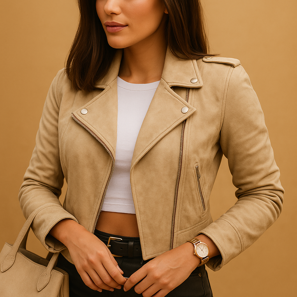 Clara lightweight tailored jacket for women with zipper closure, stand-up collar, and practical pockets. Perfect for daily and formal wear.