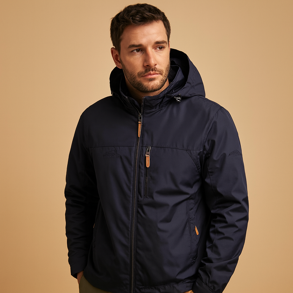 Men’s lightweight waterproof rain jacket with adjustable hood, breathable fabric, and wind protection. Ideal for casual wear and outdoor activities.