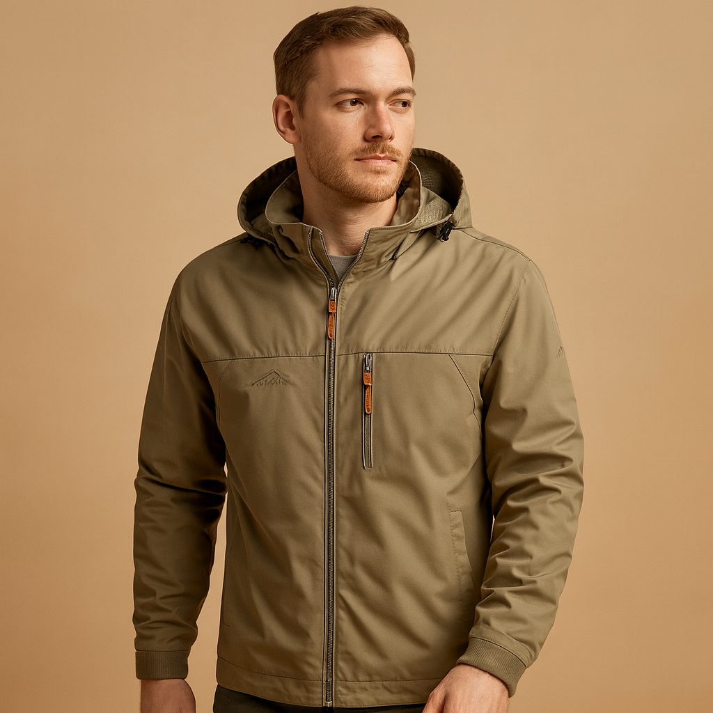 Men’s lightweight waterproof rain jacket with adjustable hood, breathable fabric, and wind protection. Ideal for casual wear and outdoor activities.