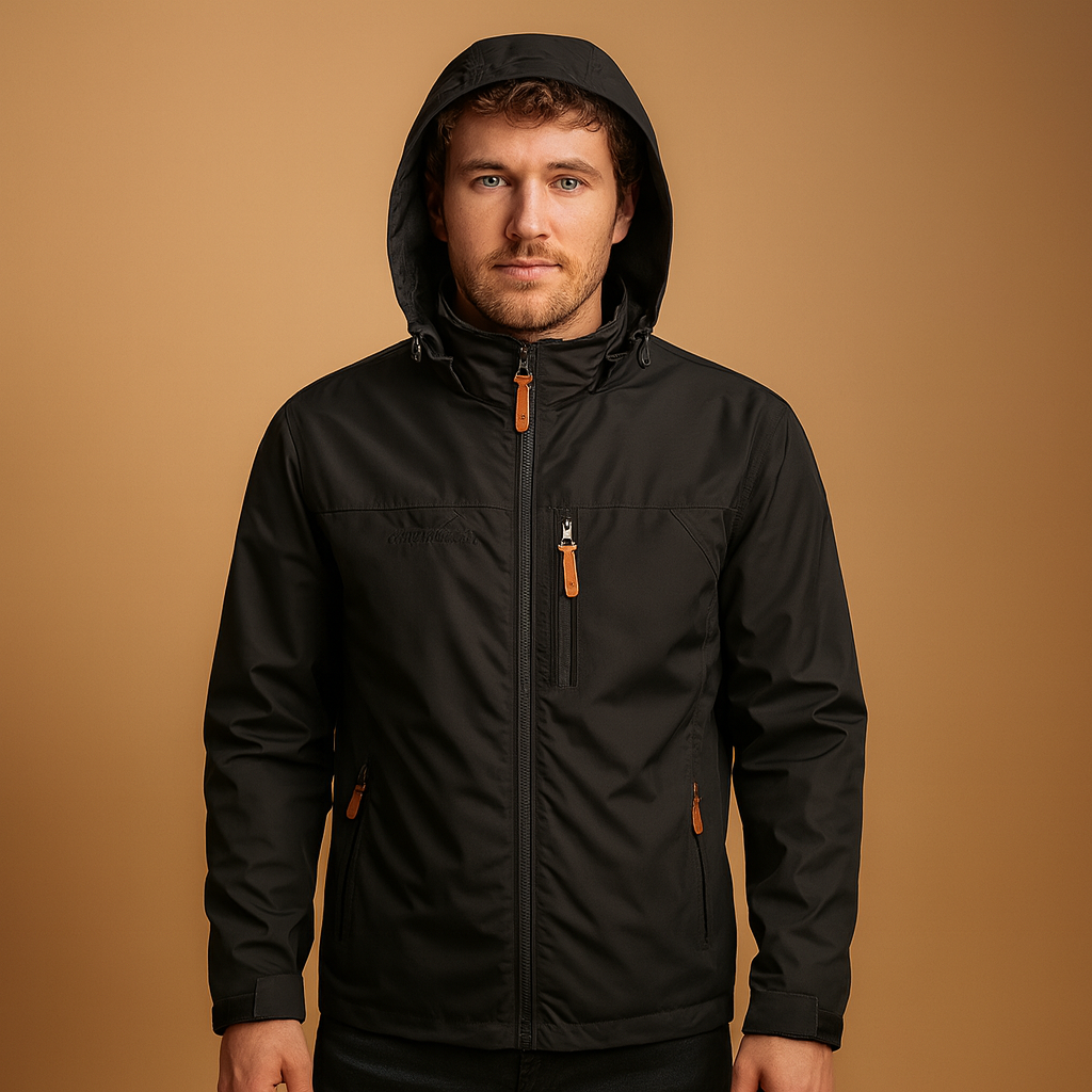 Men’s lightweight waterproof rain jacket with adjustable hood, breathable fabric, and wind protection. Ideal for casual wear and outdoor activities.