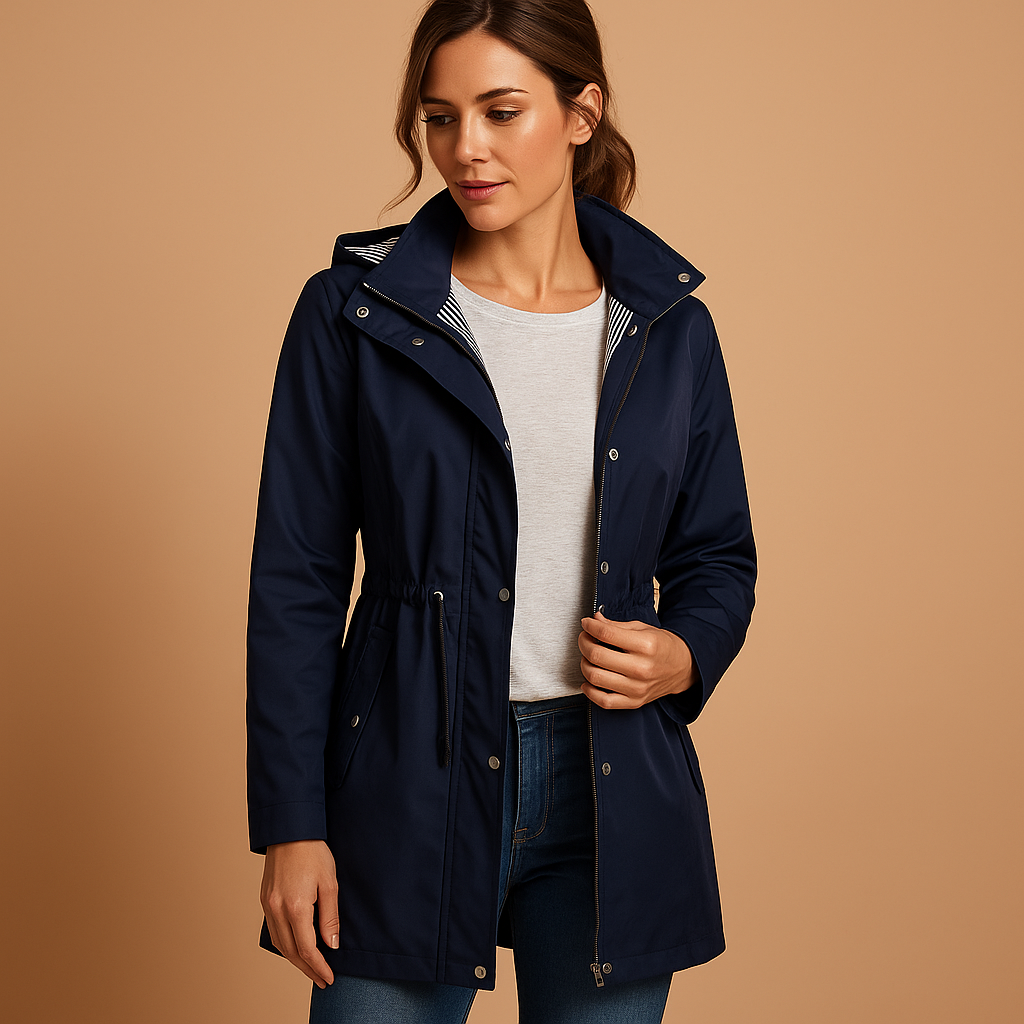 Women’s lightweight windbreaker jacket with water-repellent outer layer, removable hood, striped lining, and flattering adjustable waist in green or blue.