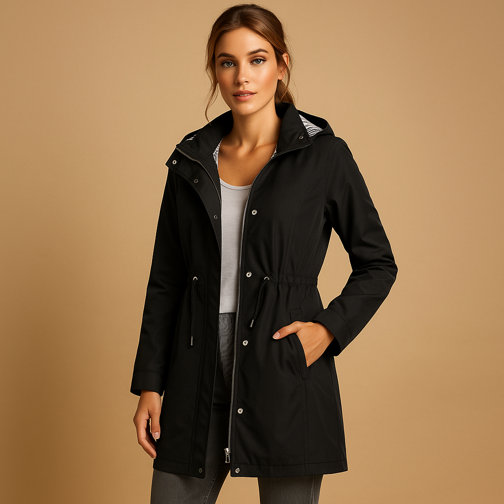 Women’s lightweight windbreaker jacket with water-repellent outer layer, removable hood, striped lining, and flattering adjustable waist in green or blue.
