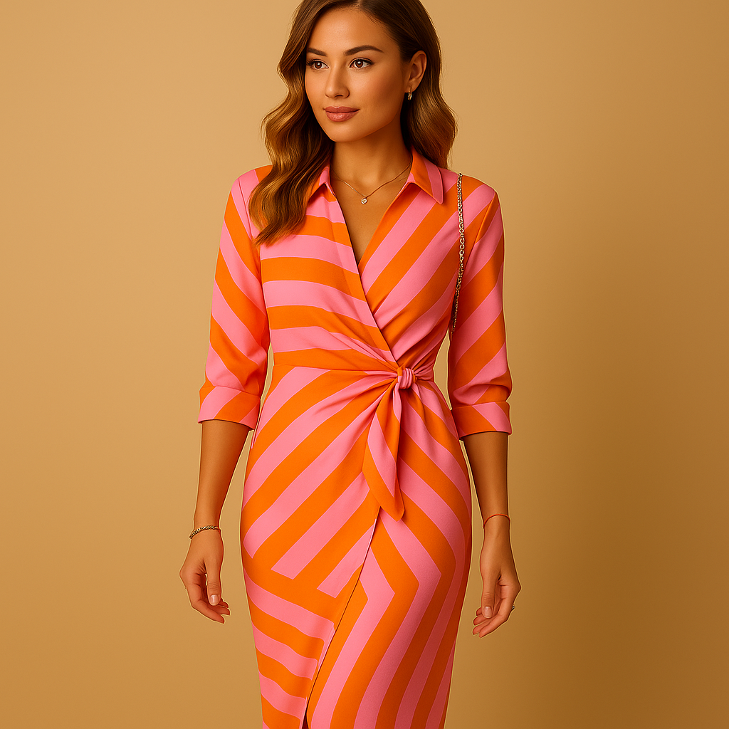 Lightweight wrap dress for women with collar and tie closure, perfect for summer brunches, casual outings, and semi-formal occasions.