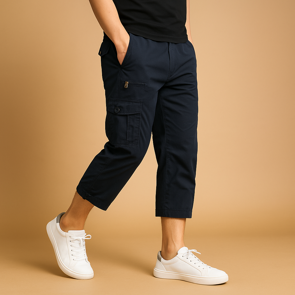 Men’s long cotton cargo shorts with breathable fabric, relaxed fit, and multiple functional pockets. Perfect for summer, outdoor activities, and casual wear.