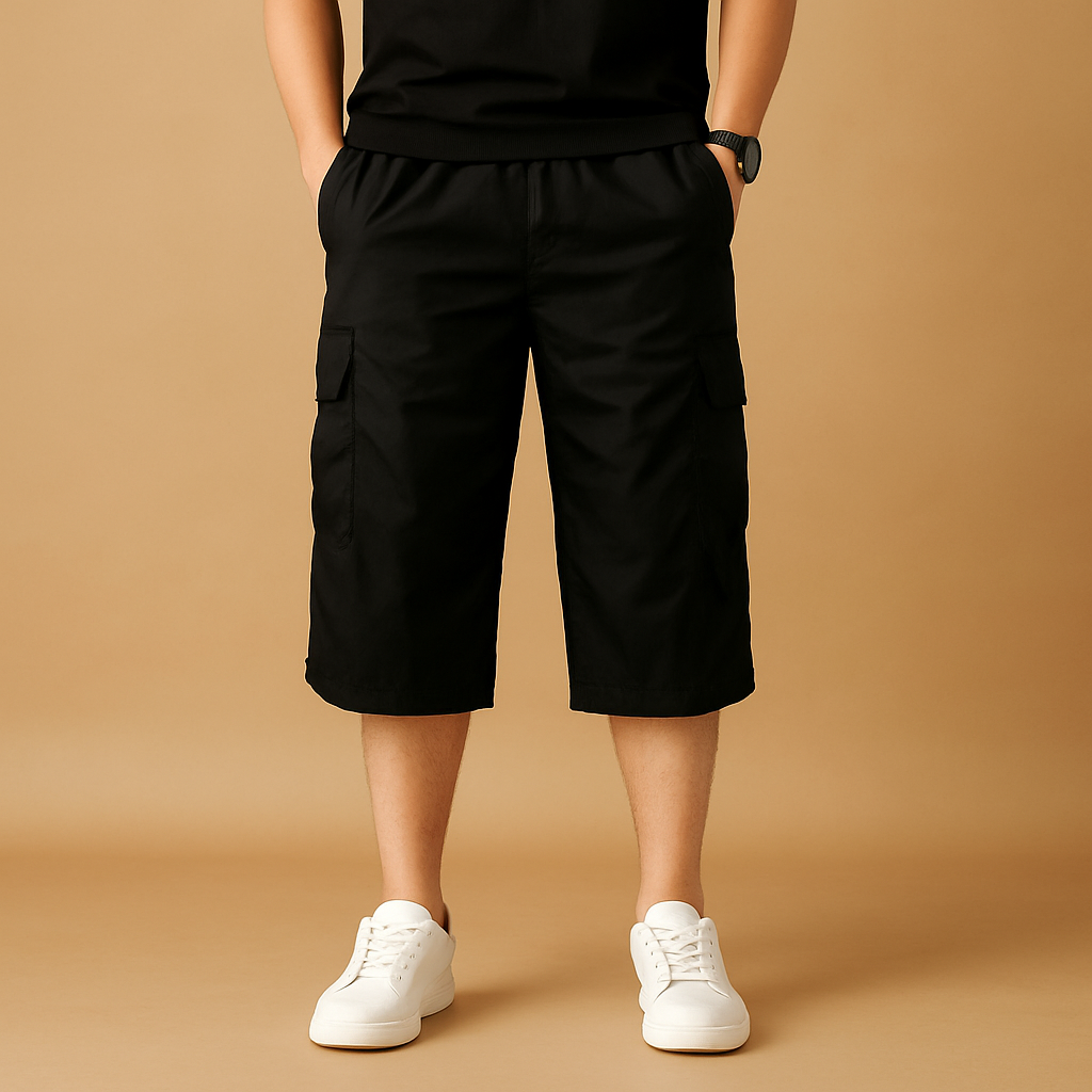 Men’s long cotton cargo shorts with breathable fabric, relaxed fit, and multiple functional pockets. Perfect for summer, outdoor activities, and casual wear.