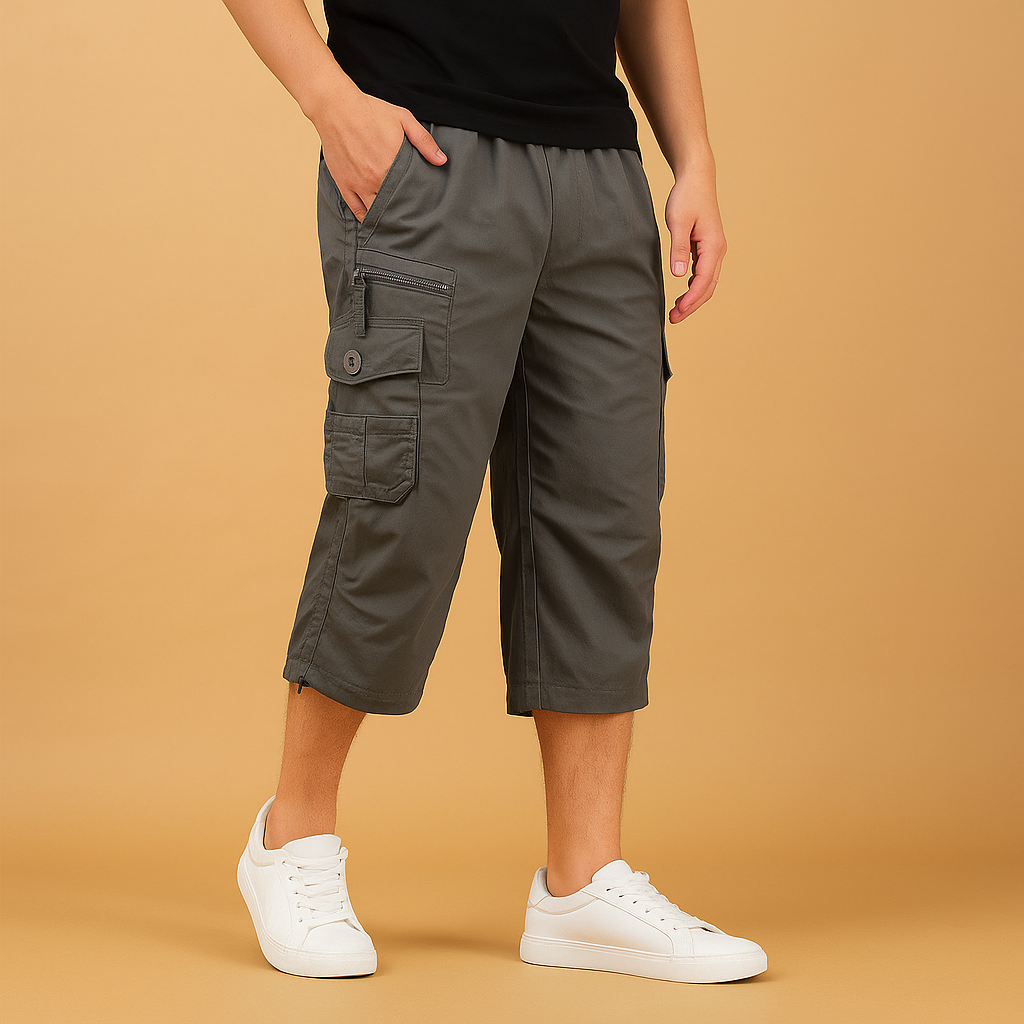 Men’s long cotton cargo shorts with breathable fabric, relaxed fit, and multiple functional pockets. Perfect for summer, outdoor activities, and casual wear.