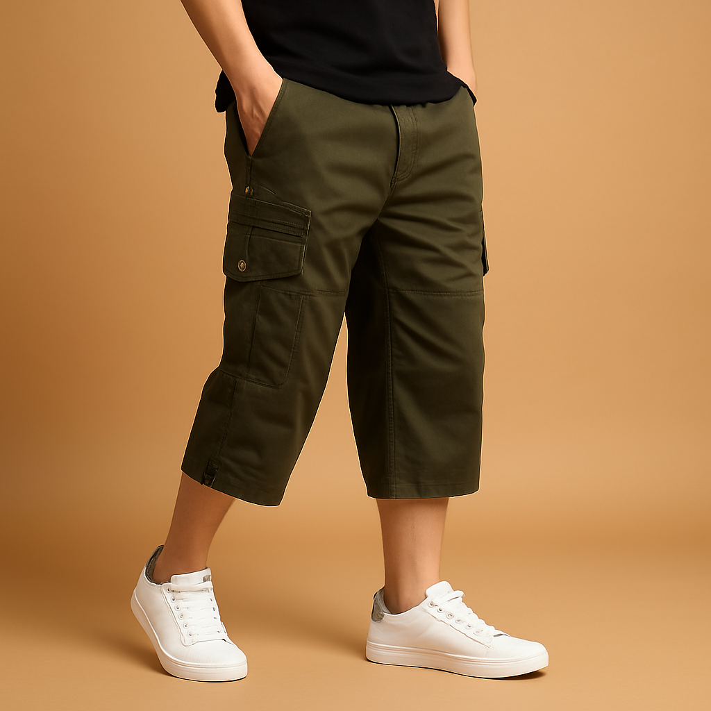 Men’s long cotton cargo shorts with breathable fabric, relaxed fit, and multiple functional pockets. Perfect for summer, outdoor activities, and casual wear.