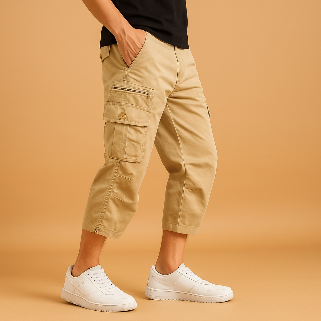 Men’s long cotton cargo shorts with breathable fabric, relaxed fit, and multiple functional pockets. Perfect for summer, outdoor activities, and casual wear.