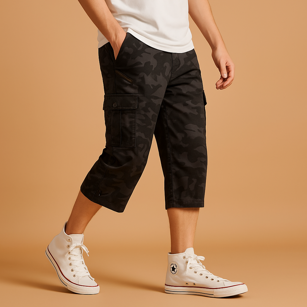 Men’s long cotton cargo shorts with breathable fabric, relaxed fit, and multiple functional pockets. Perfect for summer, outdoor activities, and casual wear.