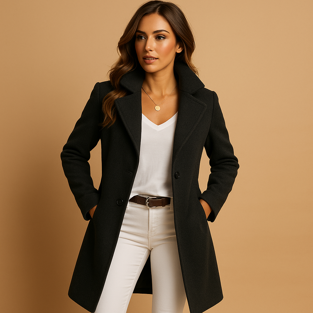 Women’s long elegant coat with classic collar, button closure, and tailored fit. Available in Grey, Dark Grey, Camel, and Black.