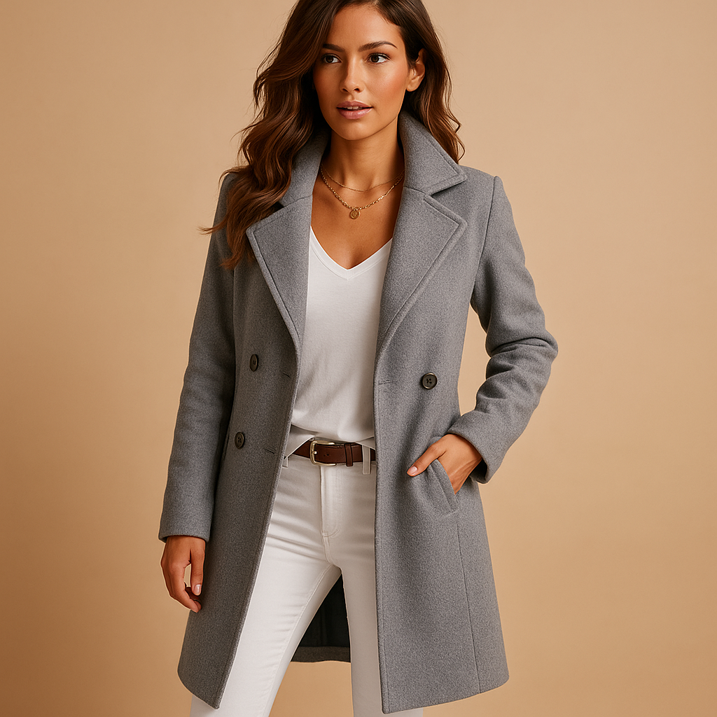 Women’s long elegant coat with classic collar, button closure, and tailored fit. Available in Grey, Dark Grey, Camel, and Black.